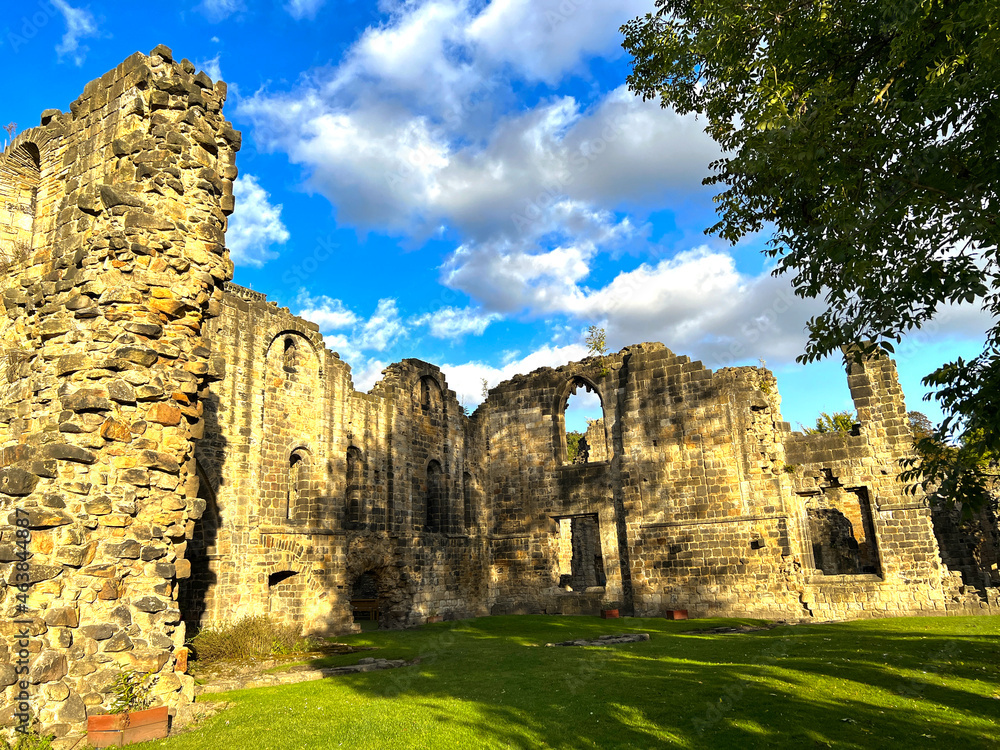 Late autumn scene, with old Abbey ruins, on a sunny evening in, Leeds, Yorkshire, UK