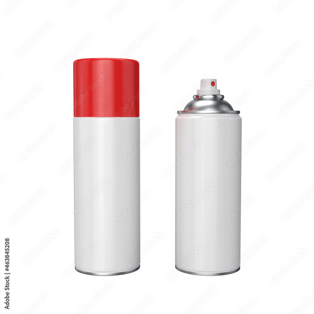 Red spray can with paint, open and closed lid. on a white background, 3d render Red spray can with paint, open and closed lid. on a white background, 3d render