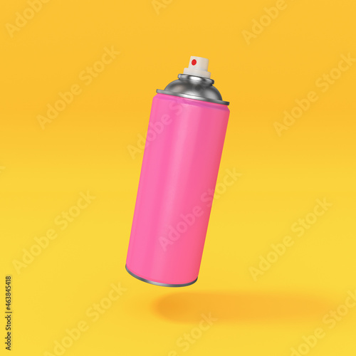 Pink paint spray can with open lid on yellow background, 3d render