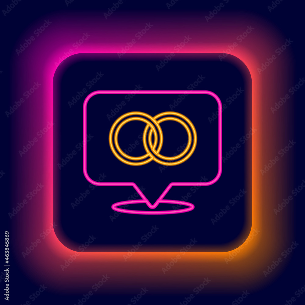 Glowing neon line Wedding rings icon isolated on black background. Bride and groom jewelry sign. Marriage symbol. Diamond ring. Colorful outline concept. Vector Glowing neon line Wedding rings icon isolated on black background. Bride and groom jewelry sign. Marriage symbol. Diamond ring. Colorful outline concept. Vector