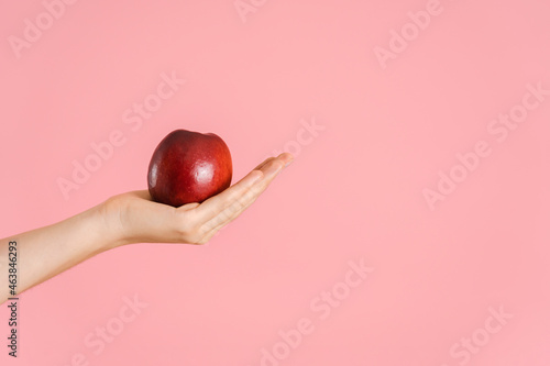 A red ripe apple in an open female palm on a pink background