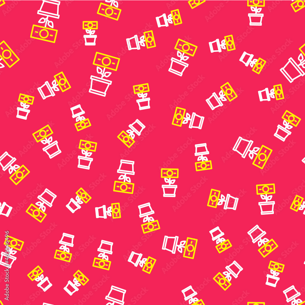 Line Money plant in the pot icon isolated seamless pattern on red background. Business investment growth concept. Money savings and investment. Vector Line Money plant in the pot icon isolated seamless pattern on red background. Business investment growth concept. Money savings and investment. Vector
