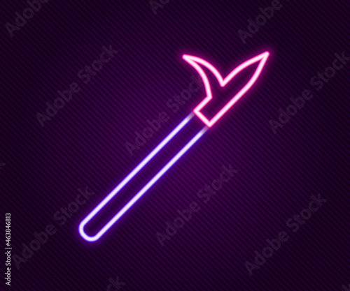 Glowing neon line Metal pike pole with wooden handle icon isolated on black background. Spear, pickaxe, hook hand extinguishing instrument and tool for fireman. Colorful outline concept. Vector