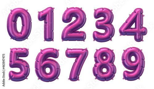 3D Render of purple inflatable foil balloons set. Bright party decoration figures. Glossy pink numbers isolated on white background.