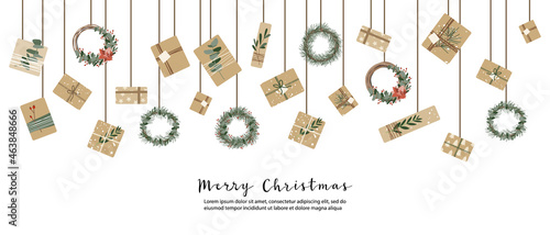 Christmas presents in kraft paper, wreaths. Rustic craft gift box. Eco decoration, eucalyptus, spruce. Xmas and New 2022 Year celebration. Vector flat cartoon illustration, winter banner, card, flyer