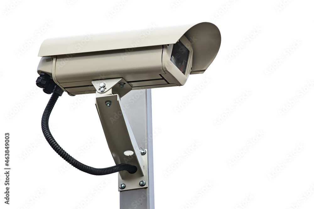 This is an outdoor surveillance camera in isolation on a white background. System of security and protection of the territory or property. Isolate. This is an outdoor surveillance camera in isolation on a white background. System of security and protection of the territory or property. Isolate.