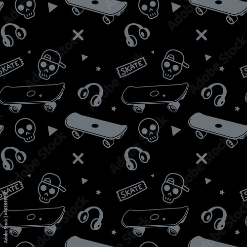 Vector Dark Illustration of Cool Board, Headphones and Word. Skateboarding Seamless Pattern with Cartoon Skateboard and Skull. Line Art Style Skate on Black Color Background