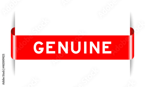 Red color inserted label banner with word genuine on white background