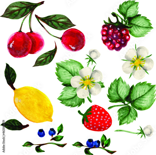 Juicy ripe red cherries, raspberries, blueberries, watercolor drawing