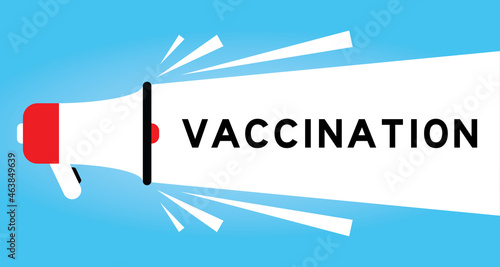 Color megphone icon with word vaccination in white banner on blue background