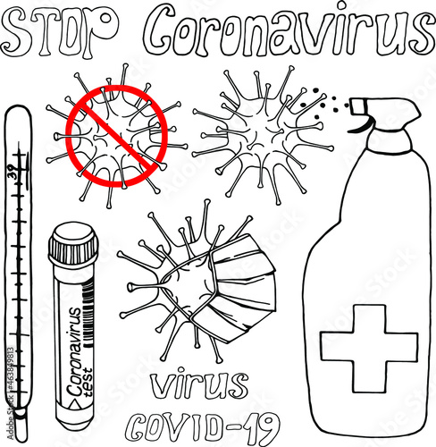 set of doodles stop covid-19 coronavirus, vector, medicine virus, antiseptic, protection, mask, test, white, black