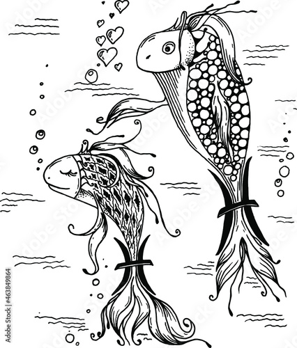 Pisces zodiac sign, horoscope, stars, freehand drawing, black, doodles
