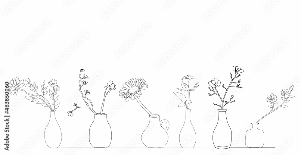 flowers in vases drawing by one continuous line