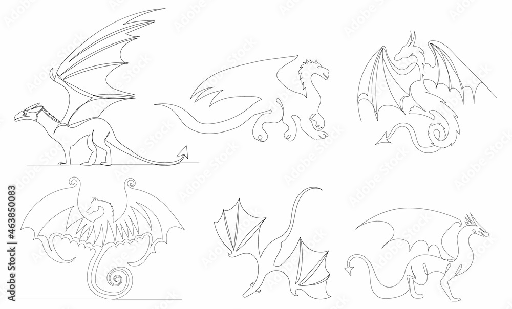 dragons set drawing one continuous line, vector