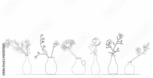 flowers in vases drawing by one continuous line