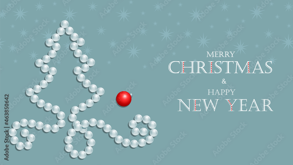 Creative Christmas tree from pearl gem necklace on green background with snowflakes or stars. Realistic white beads, red ball and congratulation New year text. Jewelry banner, winter holidays vector. Creative Christmas tree from pearl gem necklace on green background with snowflakes or stars. Realistic white beads, red ball and congratulation New year text. Jewelry banner, winter holidays vector.