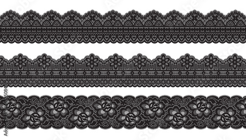 Set Of Black Lace Trim Vectors. Jacquard Mesh Lace Fabric.