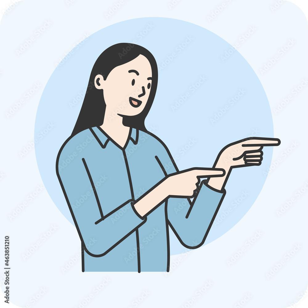 Woman pointing her hand forward, point your hand to look at something, 2D character activity, vector design and isolated background.