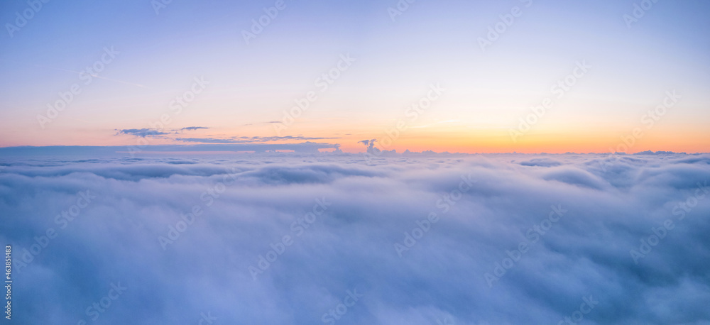 Panorama of Dawn over the Fog from a drone, Devon, England, Europe