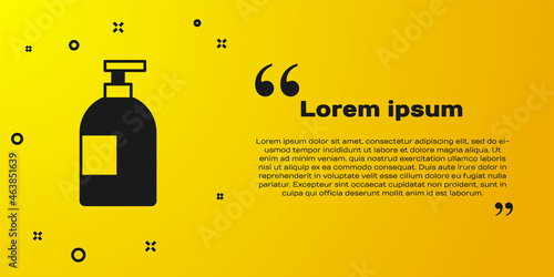 Black Dishwashing liquid bottle icon isolated on yellow background. Liquid detergent for washing dishes. Vector