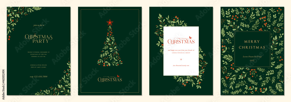 Merry and Bright Corporate Holiday cards. Modern abstract creative universal artistic templates with Christmas Tree, birds, floral frames and backgrounds. - obrazy, fototapety, plakaty 
