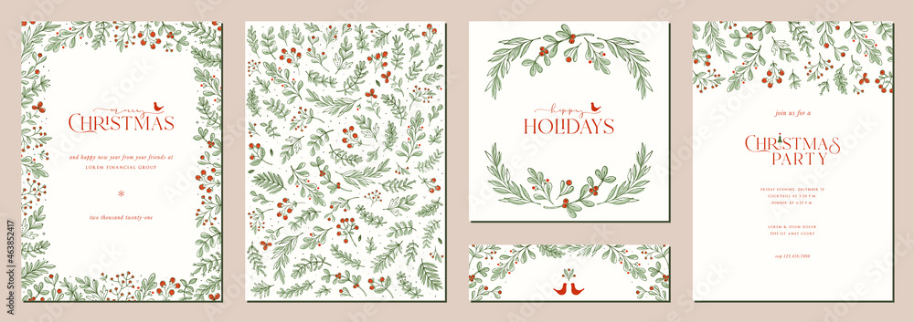 Merry and Bright Corporate Holiday cards. Universal abstract creative artistic templates with birds, modern background, frame and copy space. - obrazy, fototapety, plakaty 