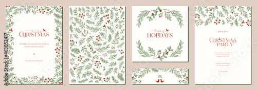 Merry and Bright Corporate Holiday cards. Universal abstract creative artistic templates with birds, modern background, frame and copy space. photo