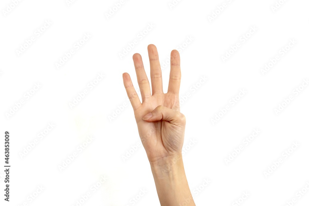 Naklejka premium Hand showing number four sign isolated on white background.