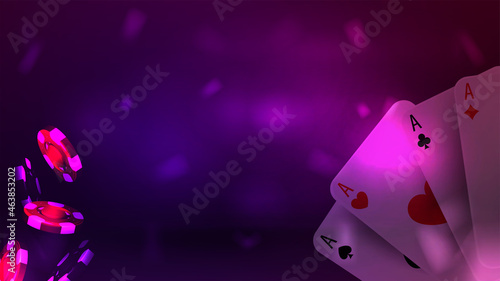 Casino advertising neon banner design with playing cards and casino chips on purple background.