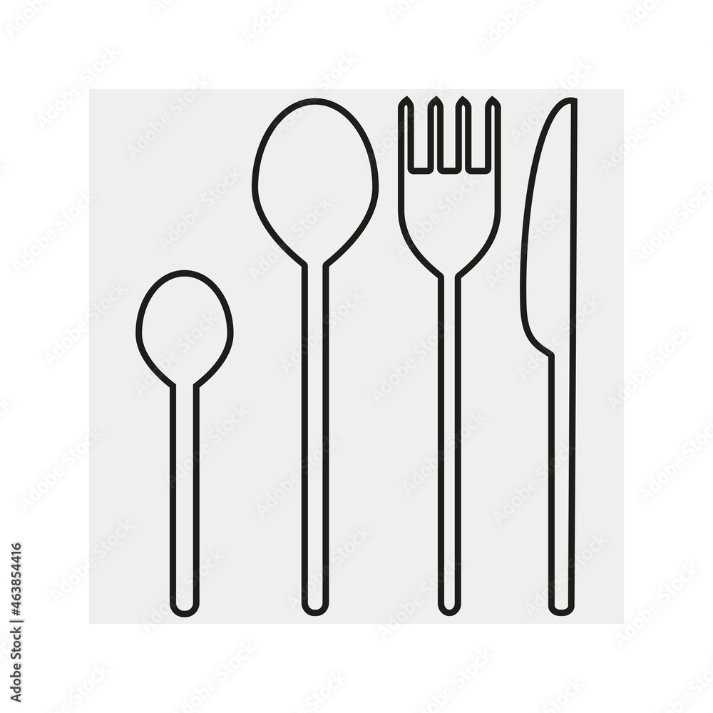 Cutlery Set. Knife, fork, tablespoon, teaspoon. Kitchen utensils. Badge. Silhouette, line drawing, emblem. Cooking. Cutlery Set. Knife, fork, tablespoon, teaspoon. Kitchen utensils. Badge. Silhouette, line drawing, emblem. Cooking.