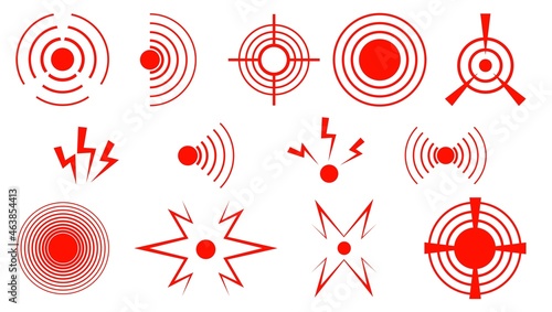 Set of pain red circle or ache localization icon. Vector isolated pain symbols. Muscle pain, painful headaches or health for logo, design, painkiller medicine, pill, package, or medical information