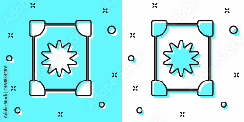 Black line Ancient magic book with alchemy recipes and mystic spells and enchantments icon isolated on green and white background. Random dynamic shapes. Vector
