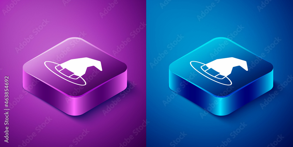Isometric Witch hat icon isolated on blue and purple background. Happy Halloween party. Square button. Vector Isometric Witch hat icon isolated on blue and purple background. Happy Halloween party. Square button. Vector