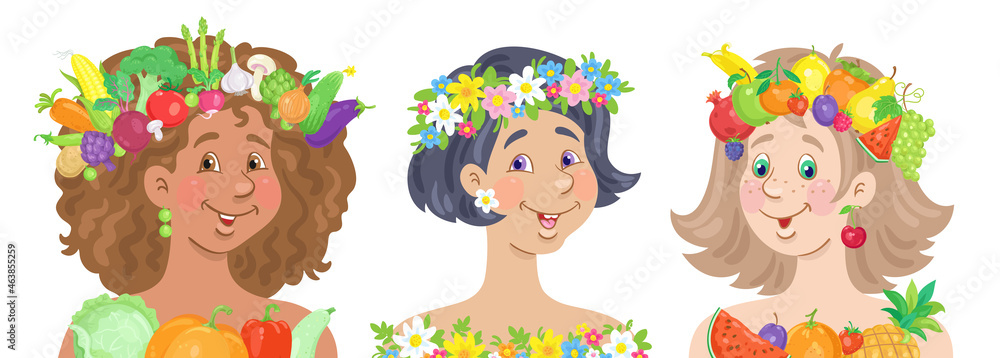 Three beautiful young women in wreaths of flowers, fruits and vegetables. In cartoon style. Isolated on white background. Vector flat illustration Three beautiful young women in wreaths of flowers, fruits and vegetables. In cartoon style. Isolated on white background. Vector flat illustration