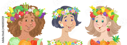 Three beautiful young women in wreaths of flowers, fruits and vegetables. In cartoon style. Isolated on white background. Vector flat illustration
