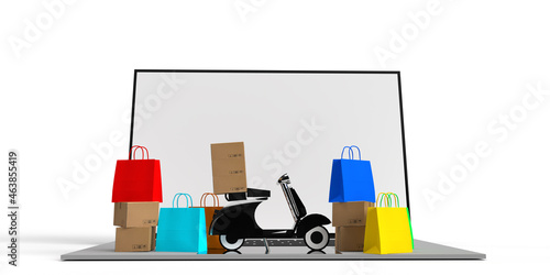box bag brown red yellow blue green orange colorful motorbike computer notebook laptop tablet smartphone mobile ecommerce mockup product online business technology digital network payment.3d render