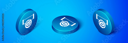 Isometric Two-handed saw and log icon isolated on blue background. Blue circle button. Vector