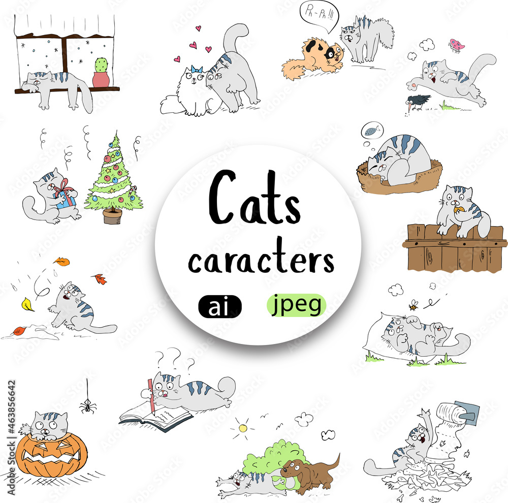 Cats caracters in doodle style. Cat adventures.Vector. Cat set. Cats caracters in doodle style. Cat adventures.Vector. Cat set.