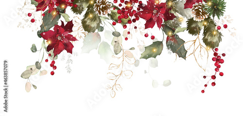 Christmas arrangements. Watercolor design for holiday. Berries, gold and herbs
