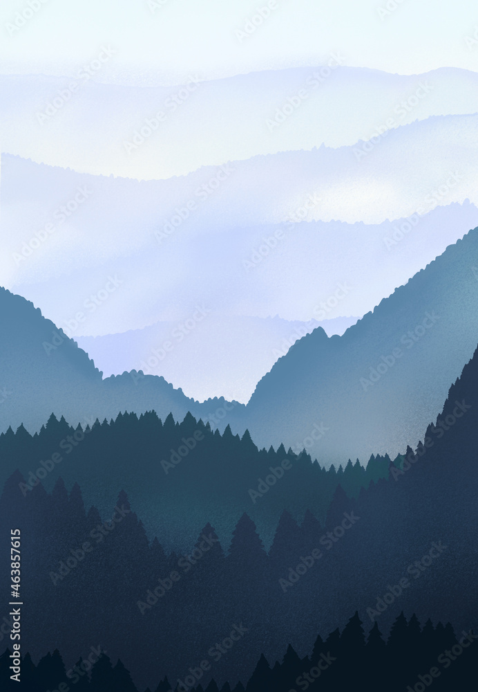 Nature and landscape. Illustration of trees, forest, mountains, plants, sunrise, sunset, fog. Image for background, postcard or cover. Dark blue mountain landscape with fog.Panorama of wooded mountain