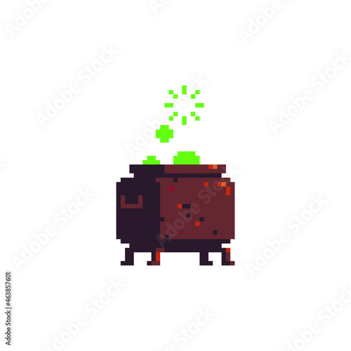Witch's cauldron. Halloween greeting card design. Pixel art. Patrick's day. Isolated vector illustration.