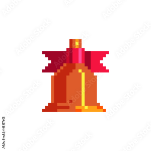 Christmas golden bell. Greeting card design. Pixel art style. Isolated vector illustration