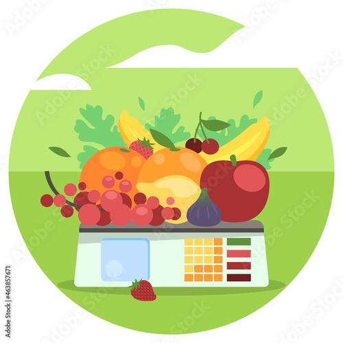 Fruit légume vert balance peser poids commerce vente commerçant magasin primeur local bio organique frais sain santé illustration promotion