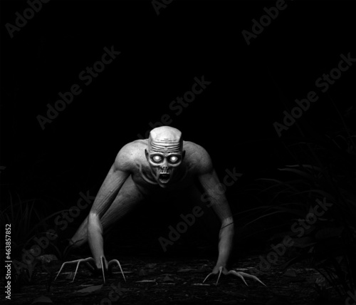 Illustration of a long clawed humanoid creature on all fours in a dark forest photo