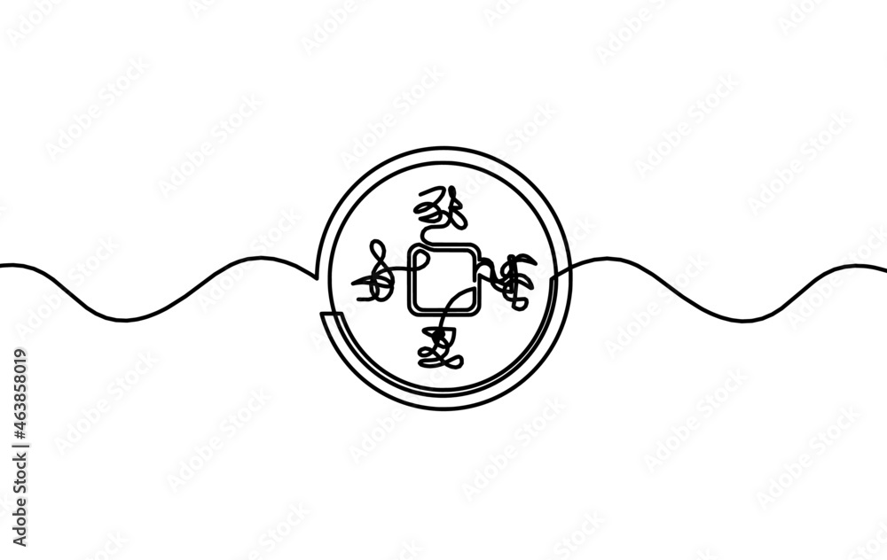 Obraz premium Abstract chinese coin as continuous lines drawing on white background. Vector