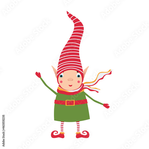 A Christmas elf in a red striped hat smiles and waves his hand in greeting. Adorable new year childrens illustration © Morgan Ph