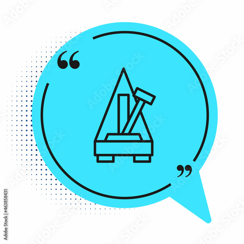 Black line Classic Metronome with pendulum in motion icon isolated on white background. Equipment of music and beat mechanism. Blue speech bubble symbol. Vector