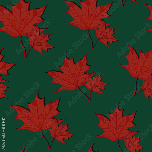 seamless pattern of maple leaves on a green background