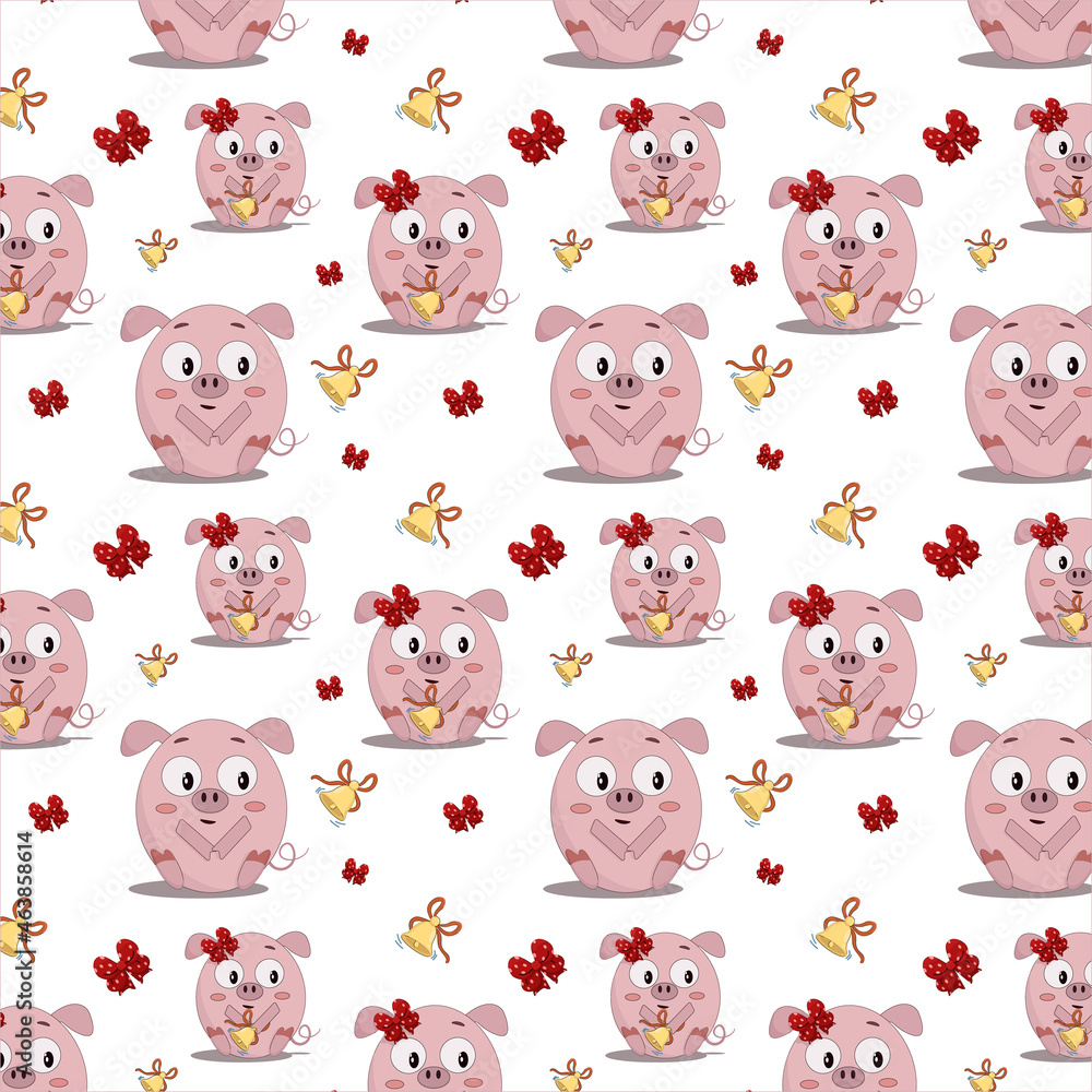 pattern a lot of little pink pig sitting and holding a bell,