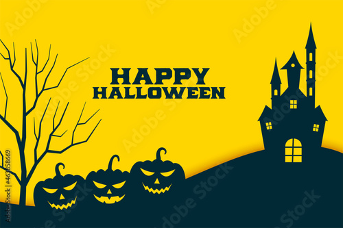 flat happy halloween yellow background with pumpkin and castle